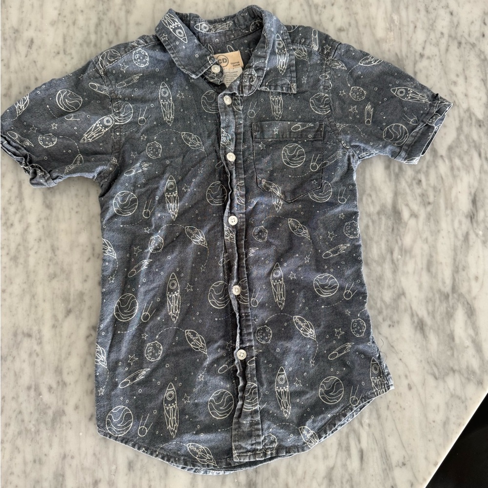 Boys Blue Button Down Shirt 7 Space NASA Rockets
